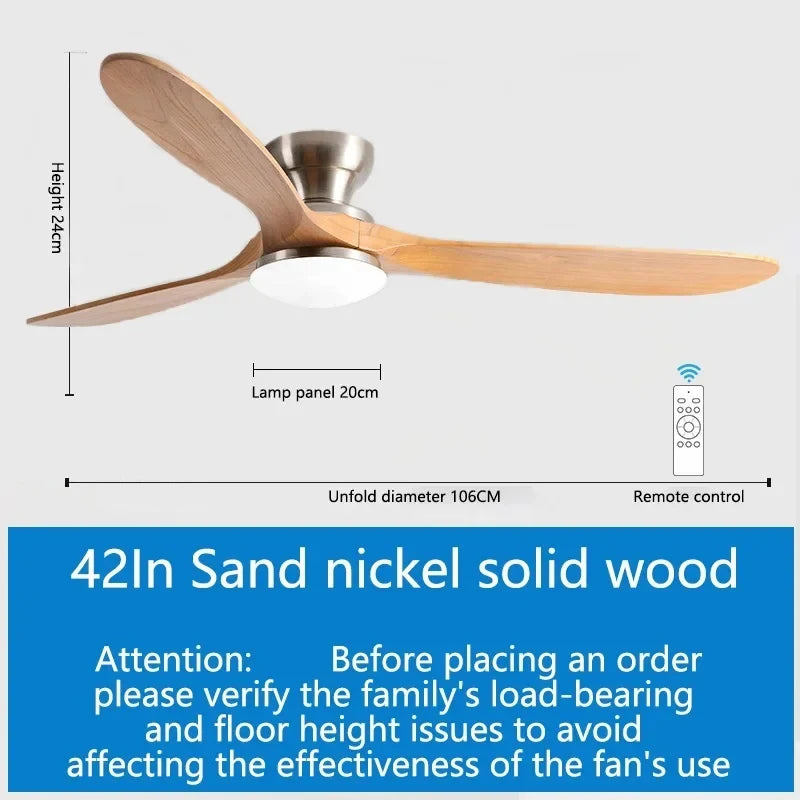 42/52inch Low Floor Ceiling Fan Light Remote Control Led Llights Indoor Restaurant Solid wood fan leaves With Fan Chandelier