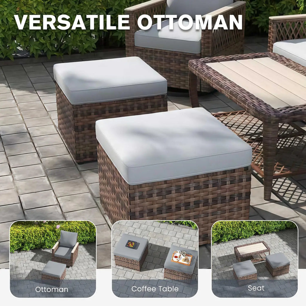 8pc Patio Set Wicker Chairs Ottoman 3 Seat Sofa Dining Table All Weather Cushion High Back Garden Backyard,Custom