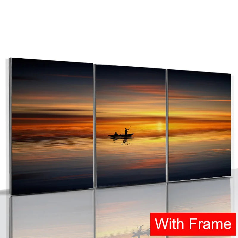 3pcs Framed Seaside Scenery Wall Art Canvas Painting Nordic Beach Sunset Print Poster Modern Living Room Home Decor Mural