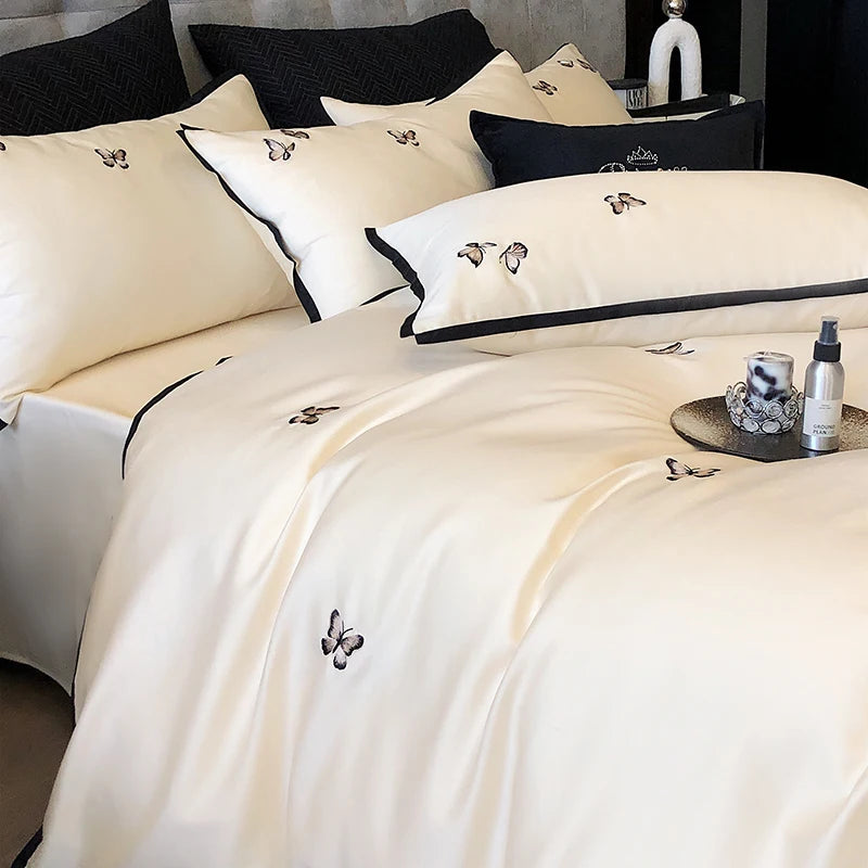 600TC Egyptian Cotton Chic Butterfly Embroidery Bedding Set 100% Cotton Duvet Cover Set Flat/Fitted Bed Sheet Pillowcases 4Pcs