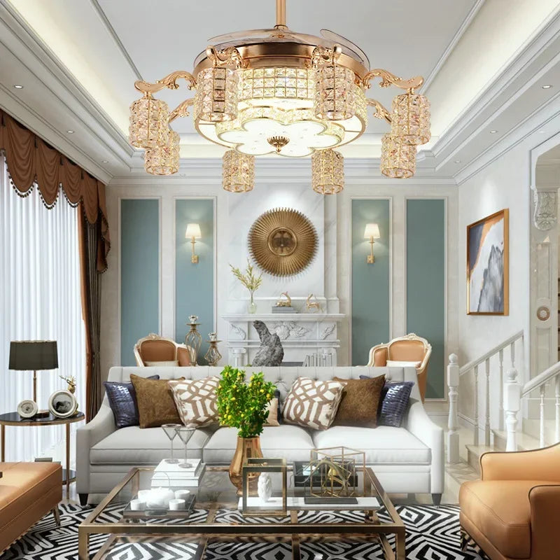 LED Crystal Gold Fan Lights Living Room Modern Fan With Remote Control Luxury Ceiling Fans 110V 220V Ceiling Fans Lighting