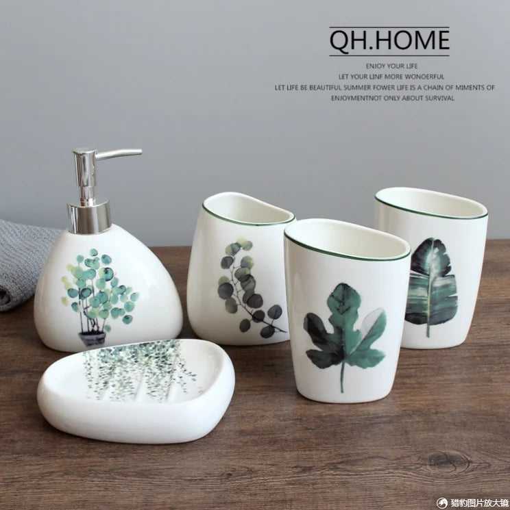 Green Nordic Ceramic Bathroom Set - Soap Dispenser, Toothbrush Holder, Tumbler & Soap Dish for Stylish Bathroom Organization