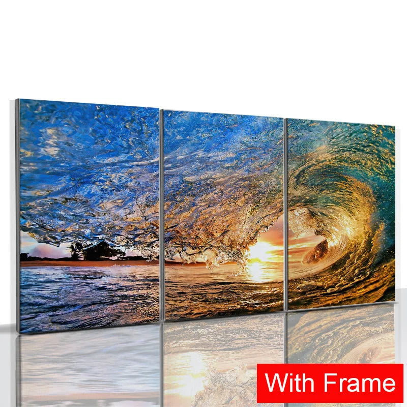 3pcs Framed Seaside Scenery Wall Art Canvas Painting Nordic Beach Sunset Print Poster Modern Living Room Home Decor Mural