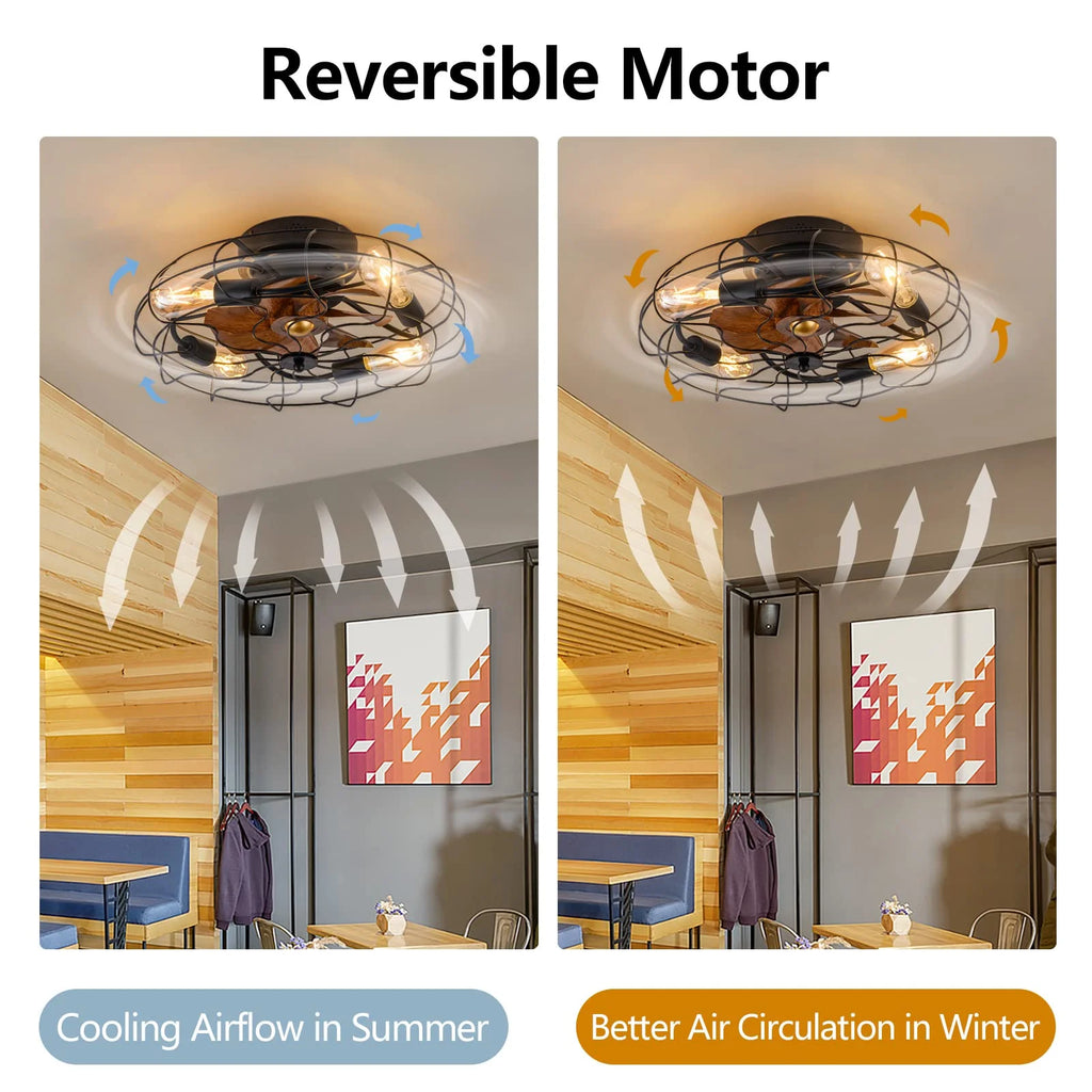 21" Low Profile Caged Ceiling Fan with Lights Remote Control,  Bulb not Included, Farmhouse Small Industrial Black Ceiling Light