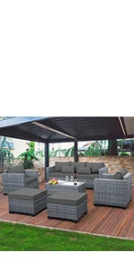 7 Pieces Outdoor PE Wicker Furniture Set Patio Rattan Sectional Conversation Sofa Set with Khaki Cushions and Glass Top T