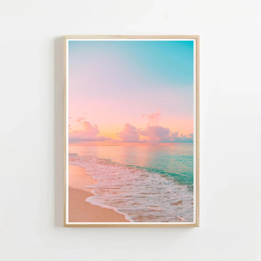 Pastel Sunset Print Blush Pink Coastal Beach Preppy Ocean Painting Poster Boho Wall Art Decor Girly Dorm Teen Room Prints Framed