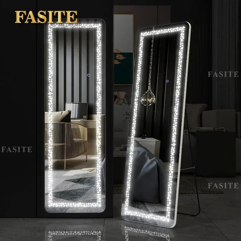 RGB LED Full Length Mirror With Lights, 63"x20" Floor Mirror Dimming Lights, Standing Wall Mounted Hanging