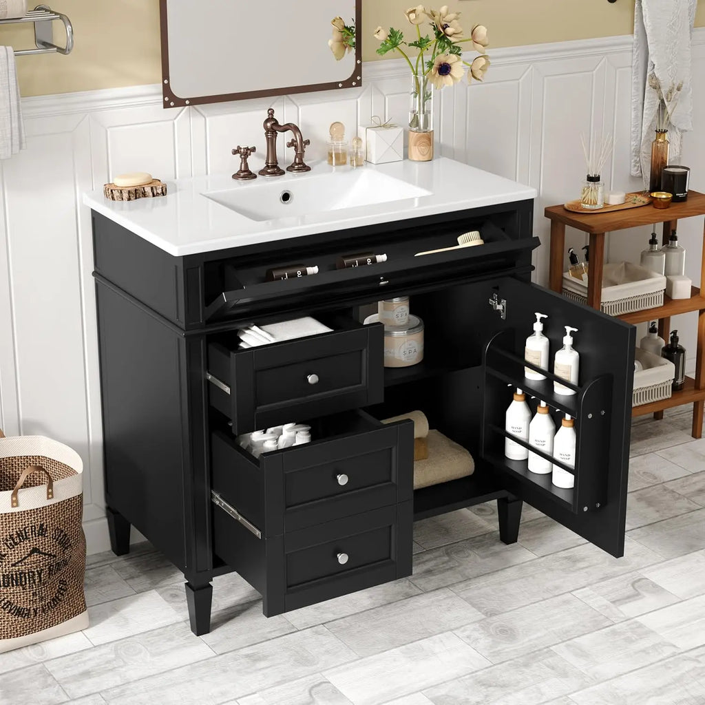 36in Solid Wood Bathroom Vanity with Soft-Close Doors & Tip-Out Drawer Undermount Sink Cabinet Green Customized