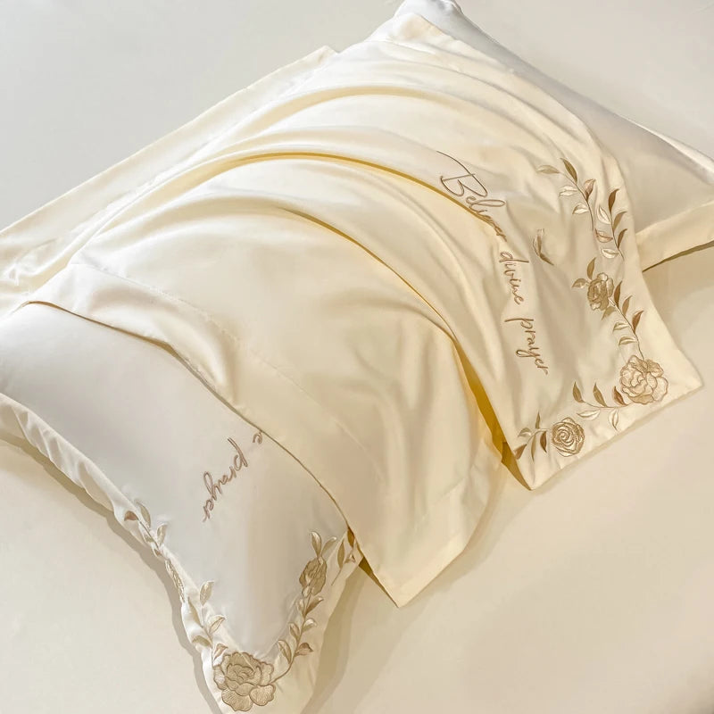 Golden Flowers Sea Embroidery Bedding Set Luxury Beige Cotton Duvet Cover Flat or Fitted Bed Sheet Pillowcases Solid Color