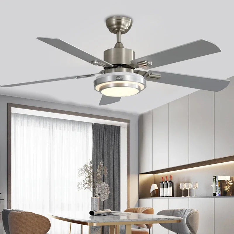 Modern Stainless Steel Ceiling Fan Lights with Lights Restaurant Fan Lights, Remote Dimming, Energy-saving Silent Pendant Lights