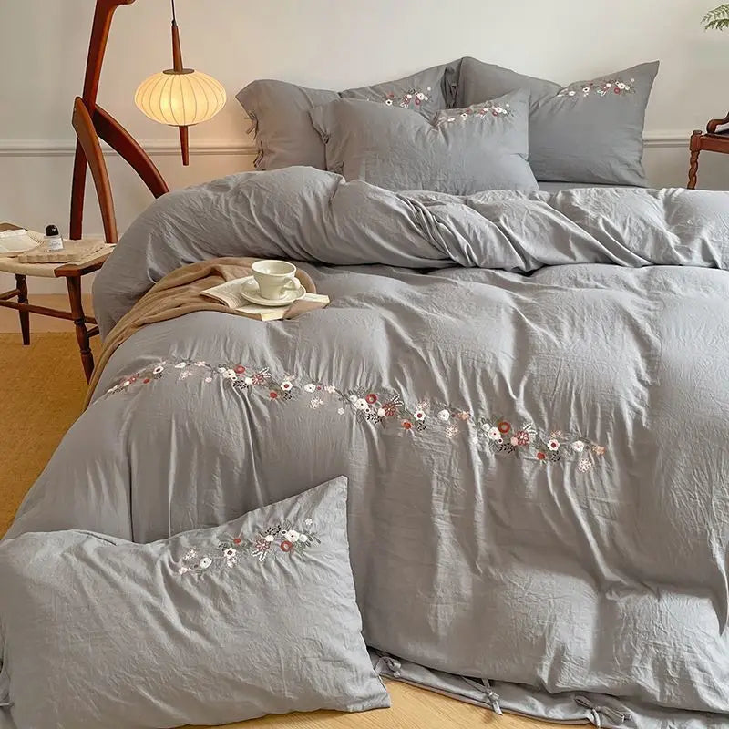 New Chinese embroidery washed cotton soft quilt cover bed sheet four-piece set
