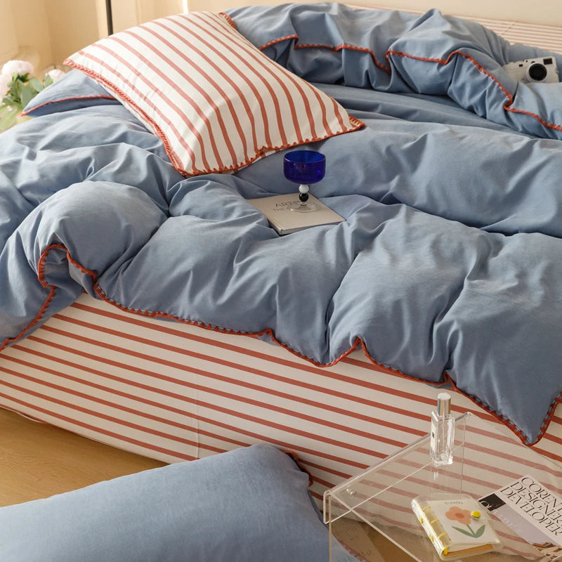 Blue Protein Durable Washed Cotton Bedding Set Striped Color Block Shell Embroidery Comforter Cover with Standard Pillowcases