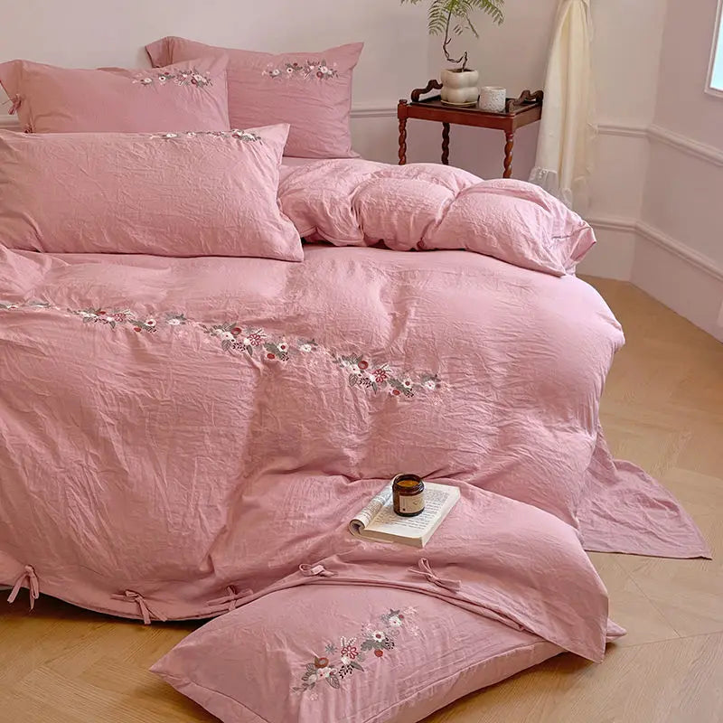 New Chinese embroidery washed cotton soft quilt cover bed sheet four-piece set