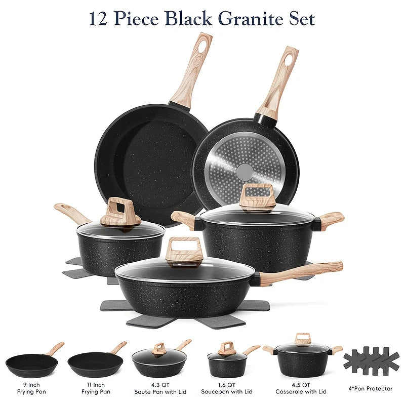 12pcs  pots and pans set, pots and pans cookware sets,Non-Stick Granite Cookware Set Complete Kit with Frying Pans, Casserole, Saucepan, Lids Compatible, Pan Protector - Heavy-Duty Durable Cookware for All Stovetops (Hindu/In