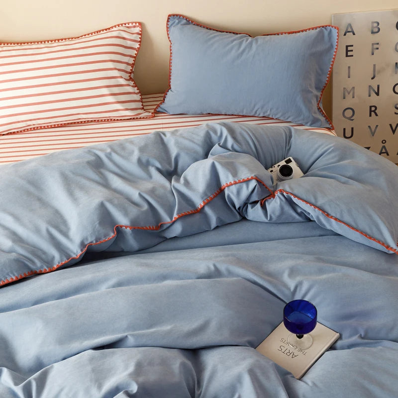 Purple Blue Bedding Set Protein Durable Washed Cotton Color Block Shell Embroidery Comforter Cover Full Size with Pillowcases