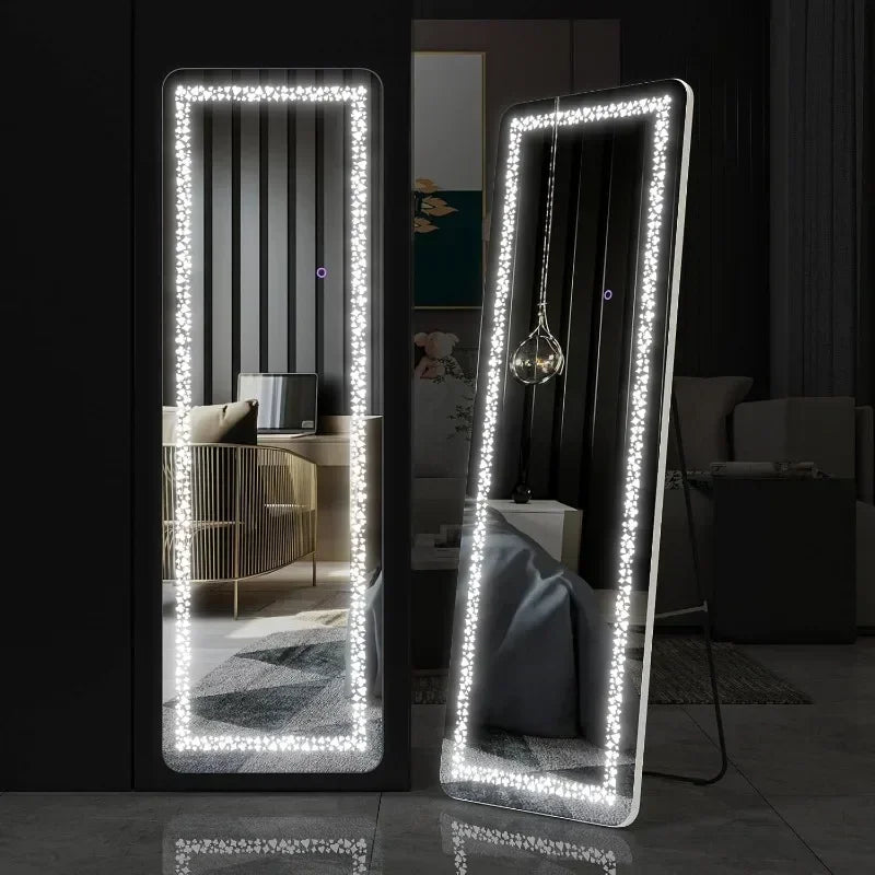RGB LED Full Length Mirror With Lights, 63"x20" Floor Mirror Dimming Lights, Standing Wall Mounted Hanging