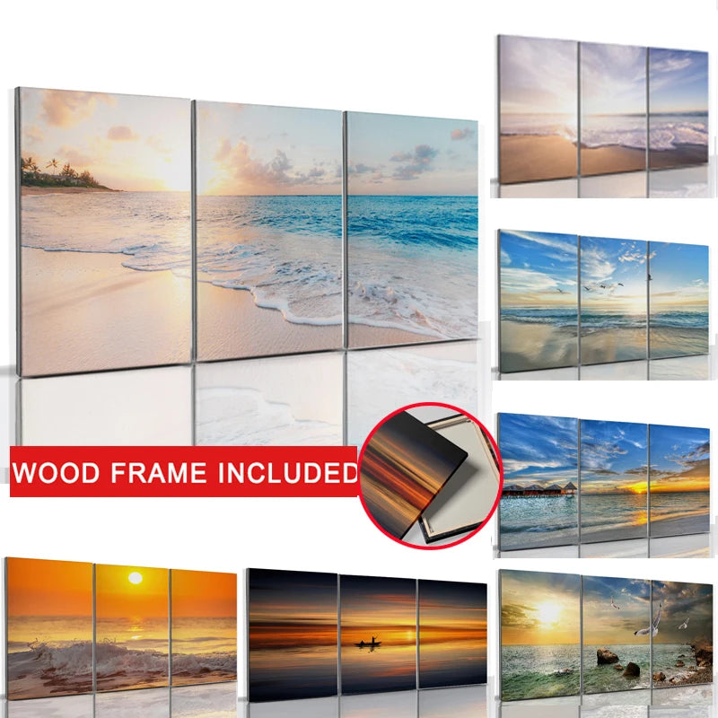 3pcs Framed Seaside Scenery Wall Art Canvas Painting Nordic Beach Sunset Print Poster Modern Living Room Home Decor Mural