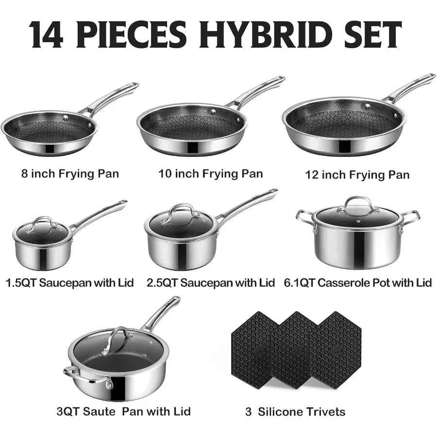 SNOWCLAD Pots and Pans Set Non Stick 14 Pcs Hybrid Stainless Steel Cookware Sets Non Stick Frying Pans Saucepans Saute Pan and