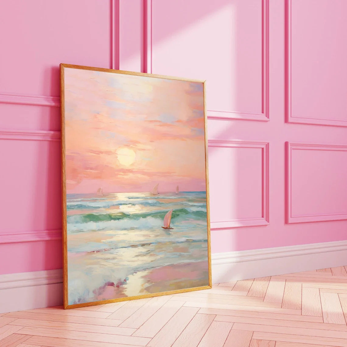 Pastel Sunset Print Blush Pink Coastal Beach Preppy Ocean Painting Poster Boho Wall Art Decor Girly Dorm Teen Room Prints Framed