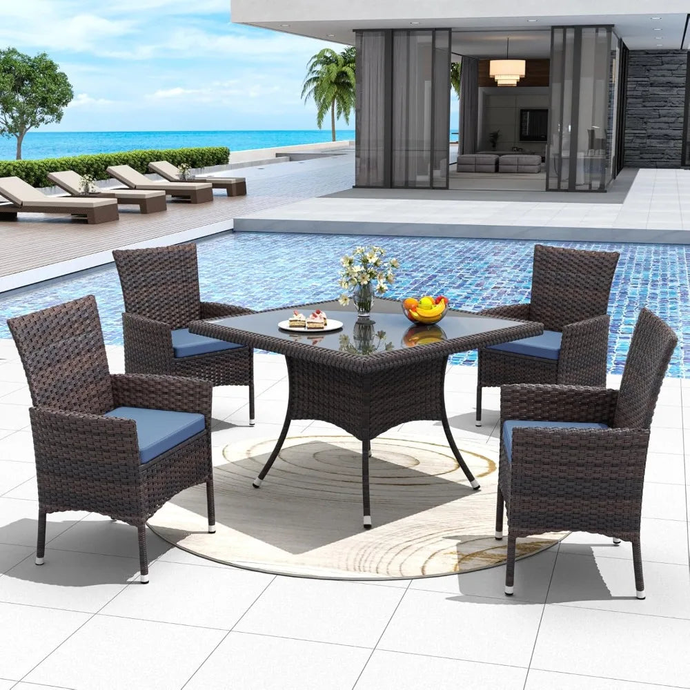 5 Piece Patio Dining Set All-Weather Wicker Outdoor Furniture Set W/Tempered Glass Tabletop, Removable Cushions