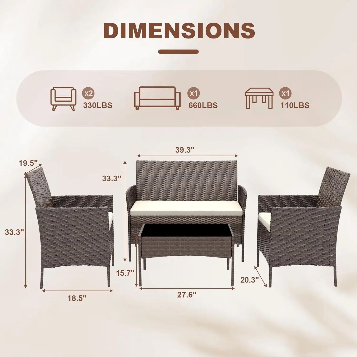 4pcs Patio Furniture Set, 1 Glass Coffee Table And 3 Cushioned Chairs, Outdoor Furniture For Garden Balcony Backyard Poolside