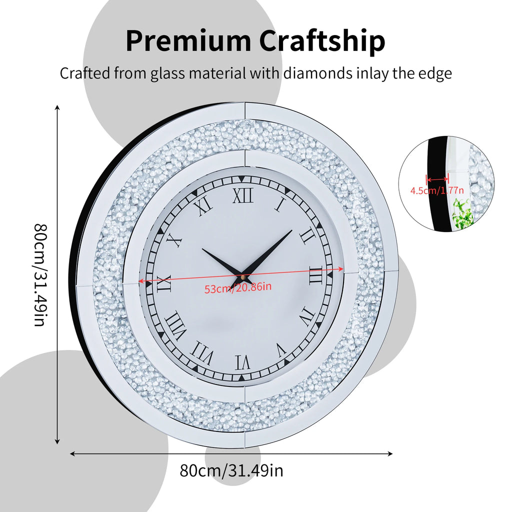 60/80CM Bling Silver Round Mirror Clock Glam Sparkle Twinkle Shining Mirrored Wall Clock for Home Decor