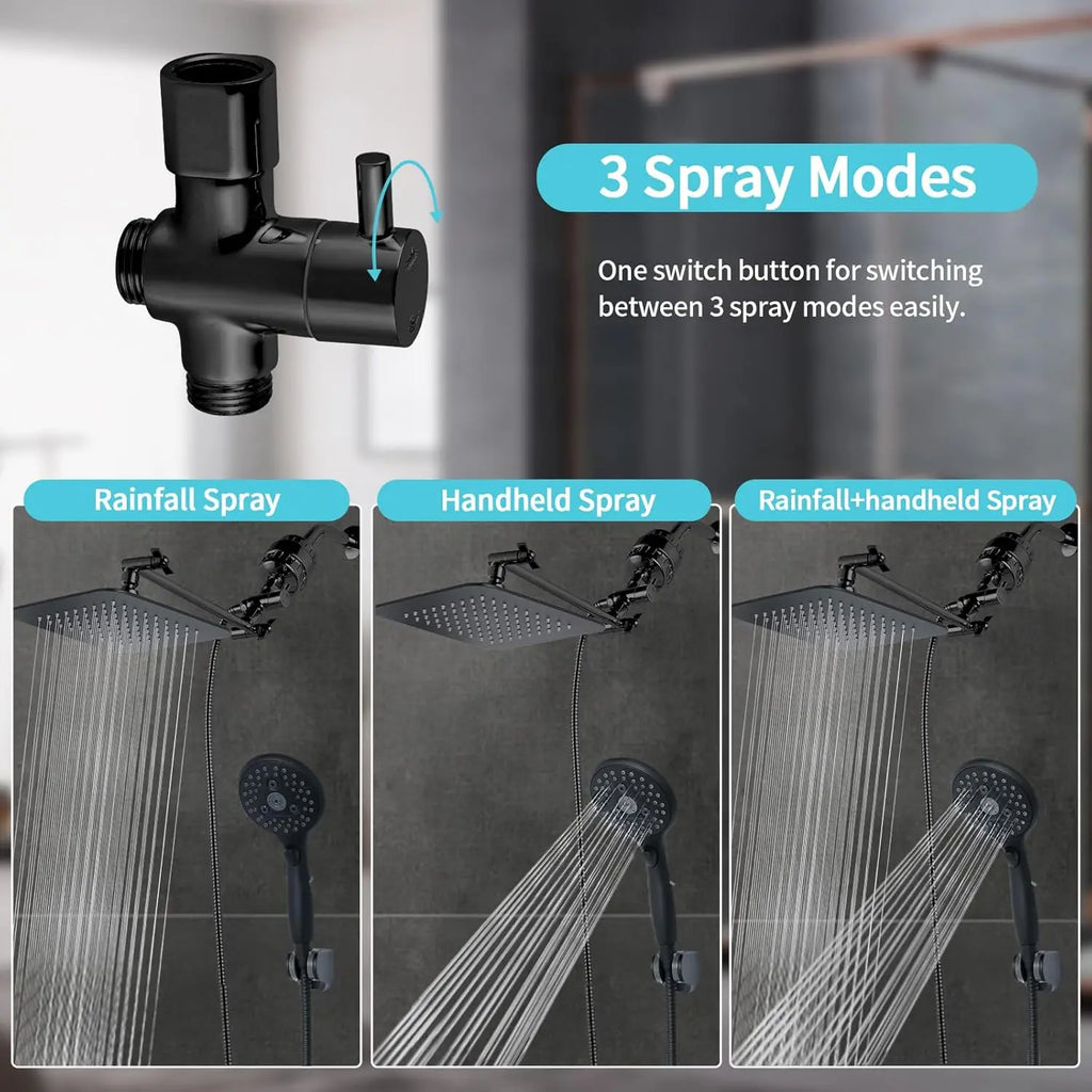 8'' Dual Filter Shower Head with Handheld, 6 Spray Settings High Pressure Rainfall Combo, Adjustable Arm & Hose
