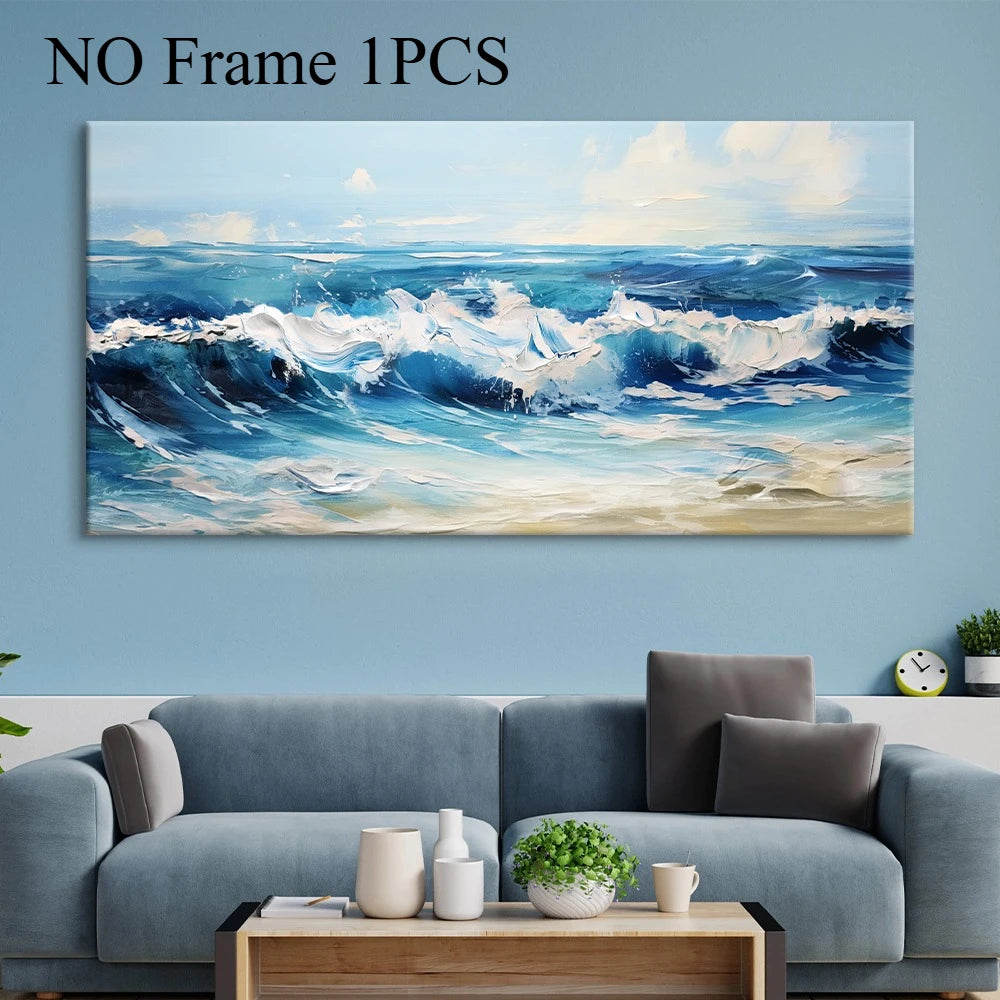 Scandinavian Blue Ocean Art Wall Simple Abstract Ocean Waves Landscape With Frame Canvas Painting Print Home  Aesthetic Decor