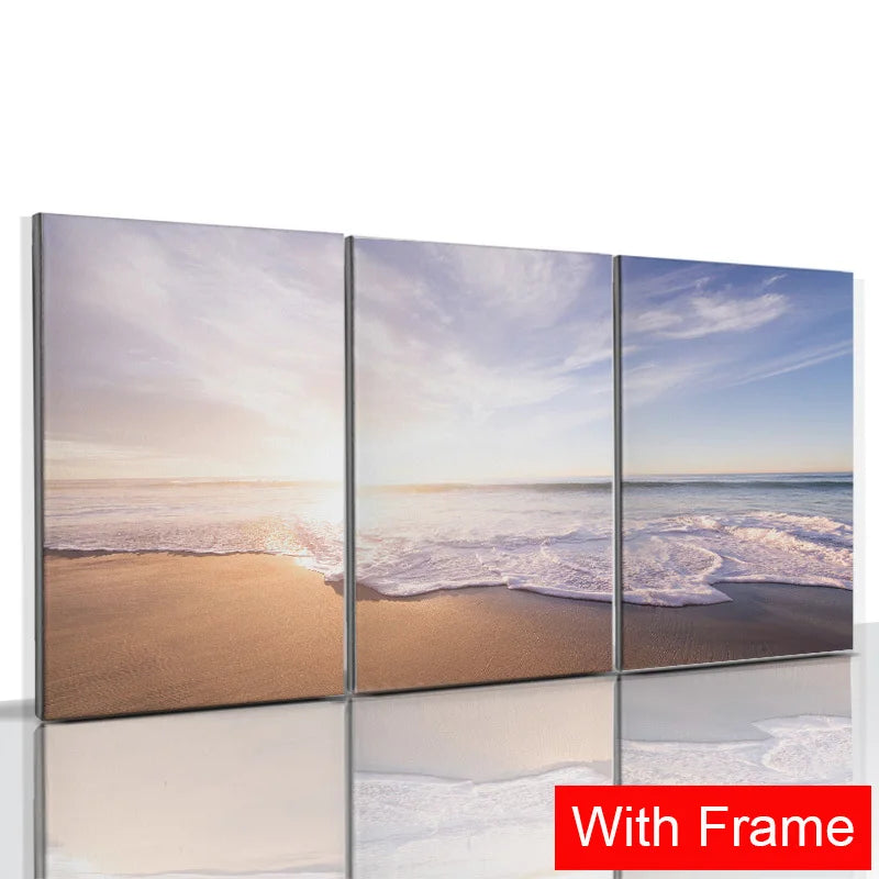 3pcs Framed Seaside Scenery Wall Art Canvas Painting Nordic Beach Sunset Print Poster Modern Living Room Home Decor Mural