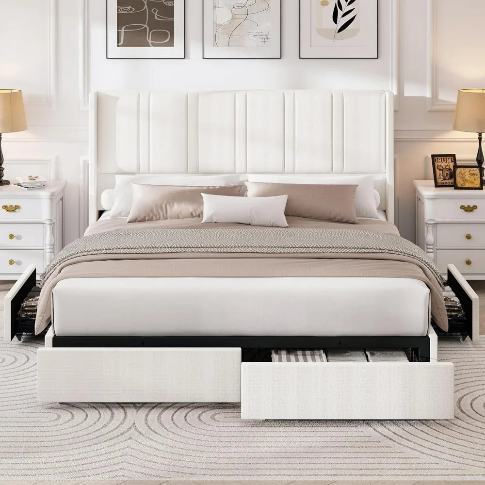 Size Bed Frame with 4 Storage Drawers and Wingback Headboard Linen Upholstered Platform Bed Frame with Wooden Slats, Easy
