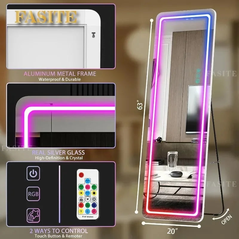 RGB LED Full Length Mirror With Lights, 63"x20" Floor Mirror Dimming Lights, Standing Wall Mounted Hanging