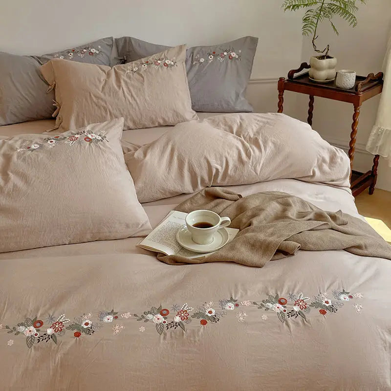 New Chinese embroidery washed cotton soft quilt cover bed sheet four-piece set