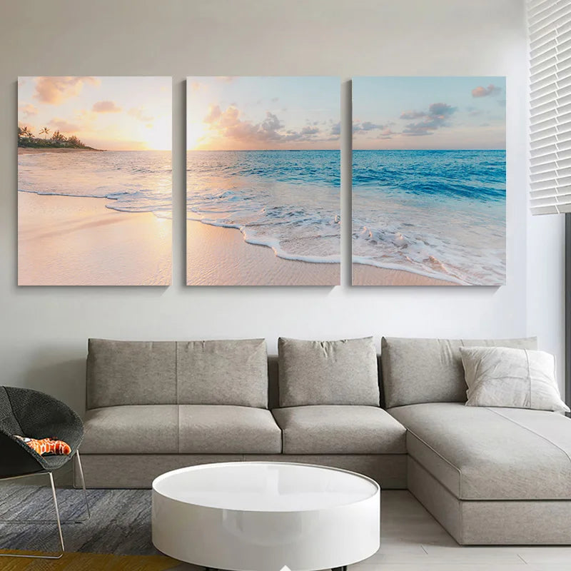 3pcs Framed Seaside Scenery Wall Art Canvas Painting Nordic Beach Sunset Print Poster Modern Living Room Home Decor Mural
