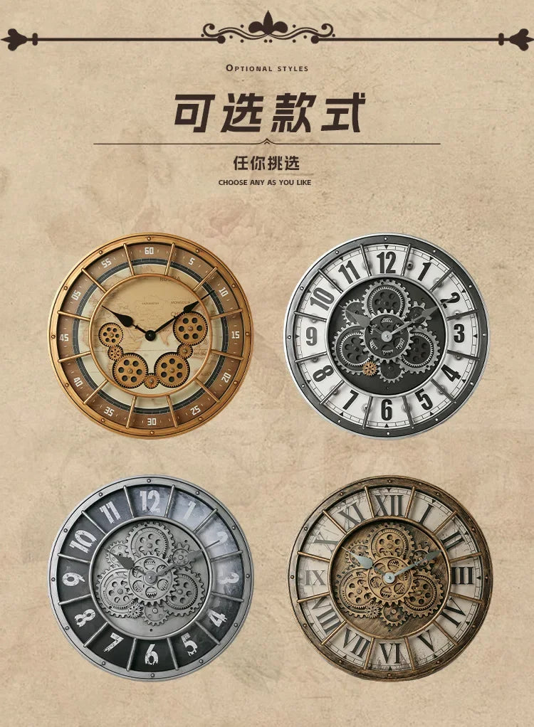Retro Industrial Roman Wall Clock  Gear Rotation Clock Living Room Decorative Wall Clock Stylish Silent Wall Clock Quartz Clock
