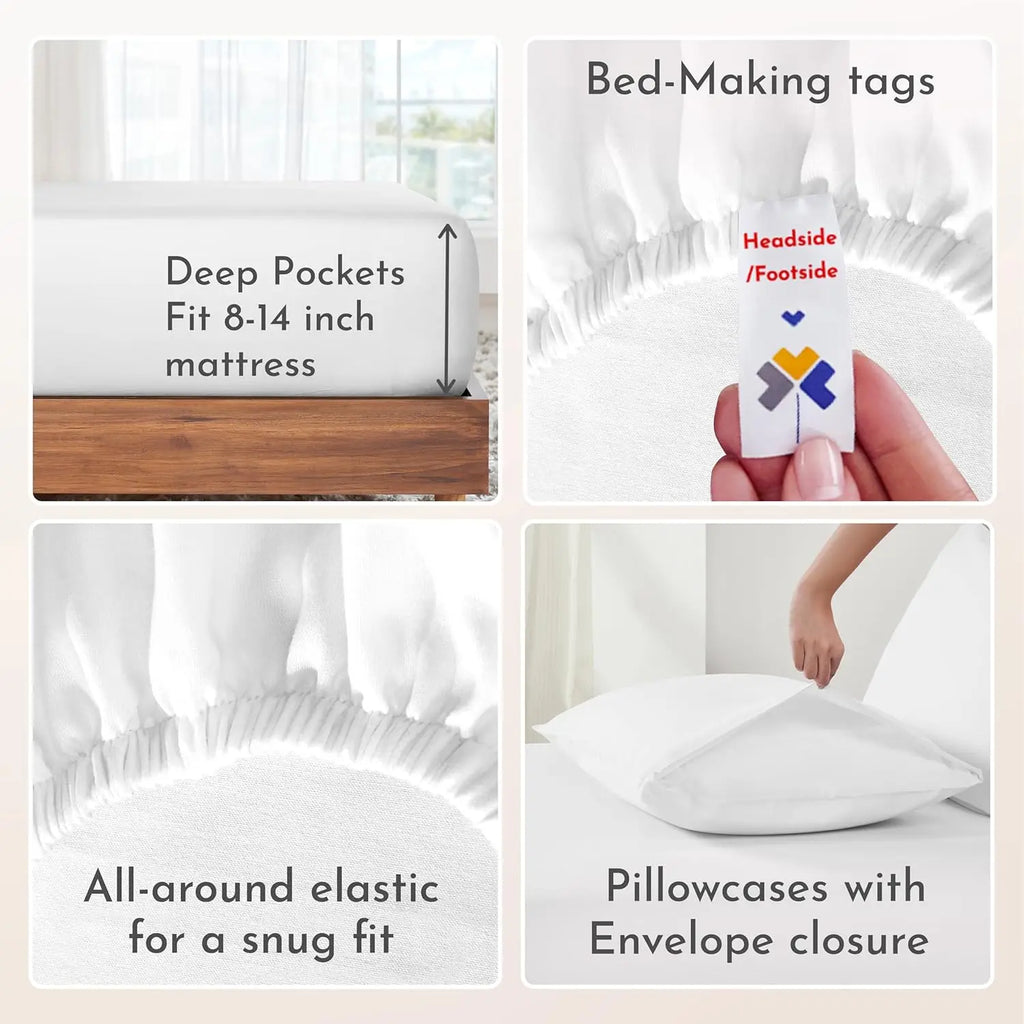 Queen Size Cotton Sheet Set with Deep Pockets, Soft Sateen Weave, Breathable and Durable Bedding in White