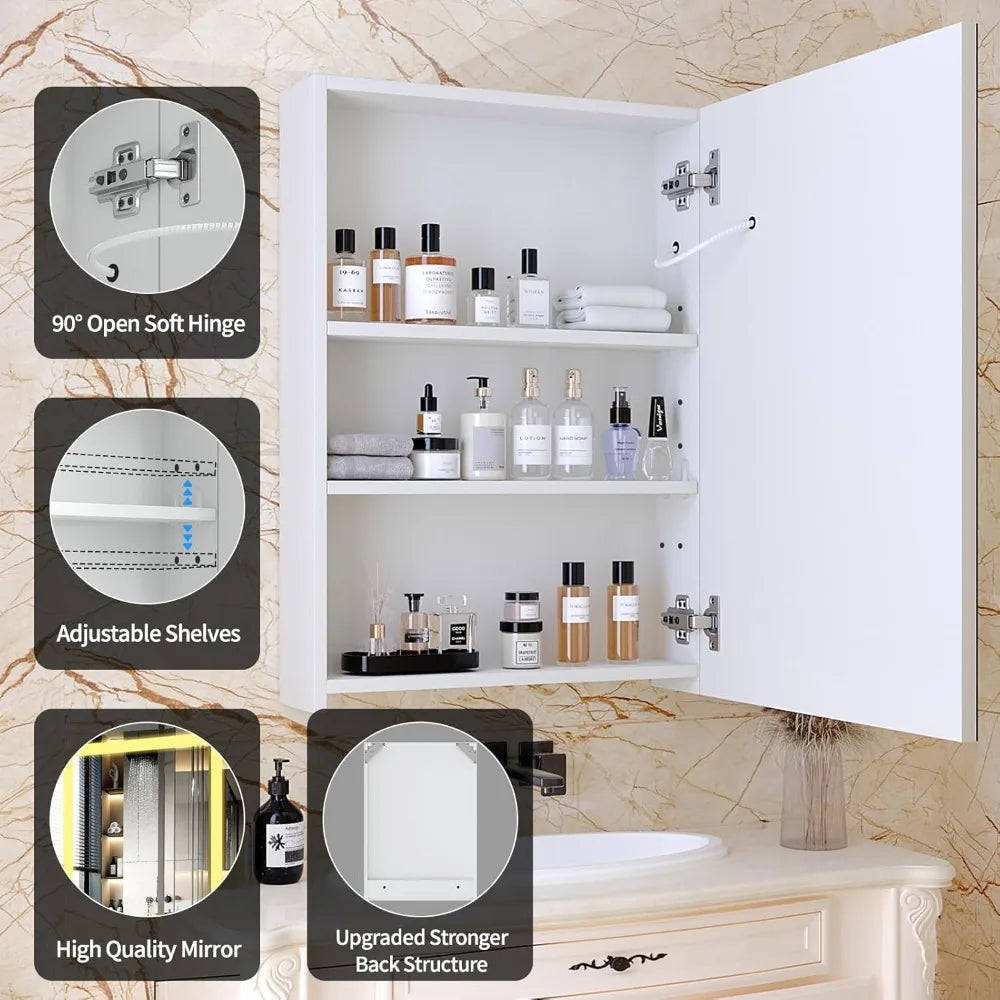 Medicine Cabinets for Bathroom, Medicine Cabinet Mirror, Lighted Medicine Cabinet with LED Lights, Adjustable Shelf, 3-Color