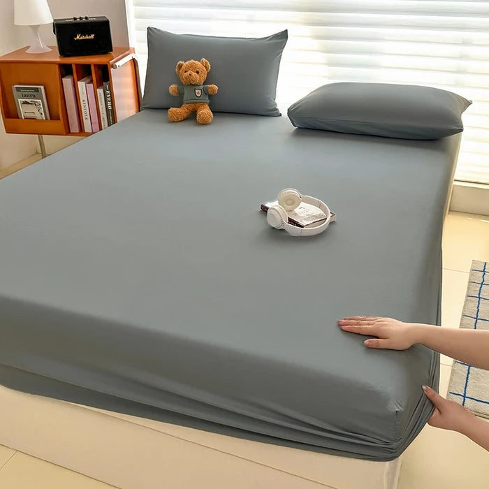 Solid  Colour Washed Fitted Sheet with Elastic Bands Non Slip Adjustable Mattress Cover for Single Double King Queen Bed