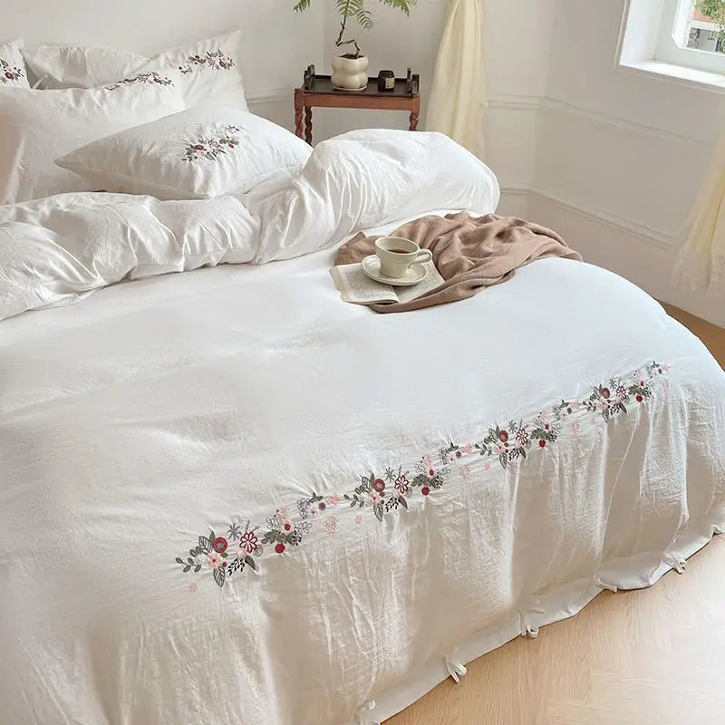 New Chinese embroidery washed cotton soft quilt cover bed sheet four-piece set