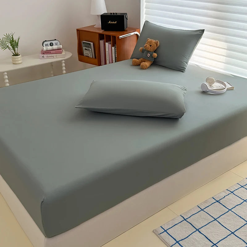 Solid  Colour Washed Fitted Sheet with Elastic Bands Non Slip Adjustable Mattress Cover for Single Double King Queen Bed