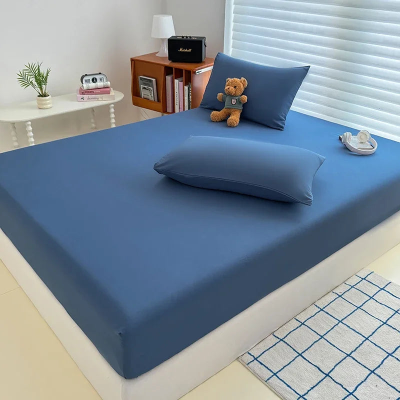 Solid  Colour Washed Fitted Sheet with Elastic Bands Non Slip Adjustable Mattress Cover for Single Double King Queen Bed