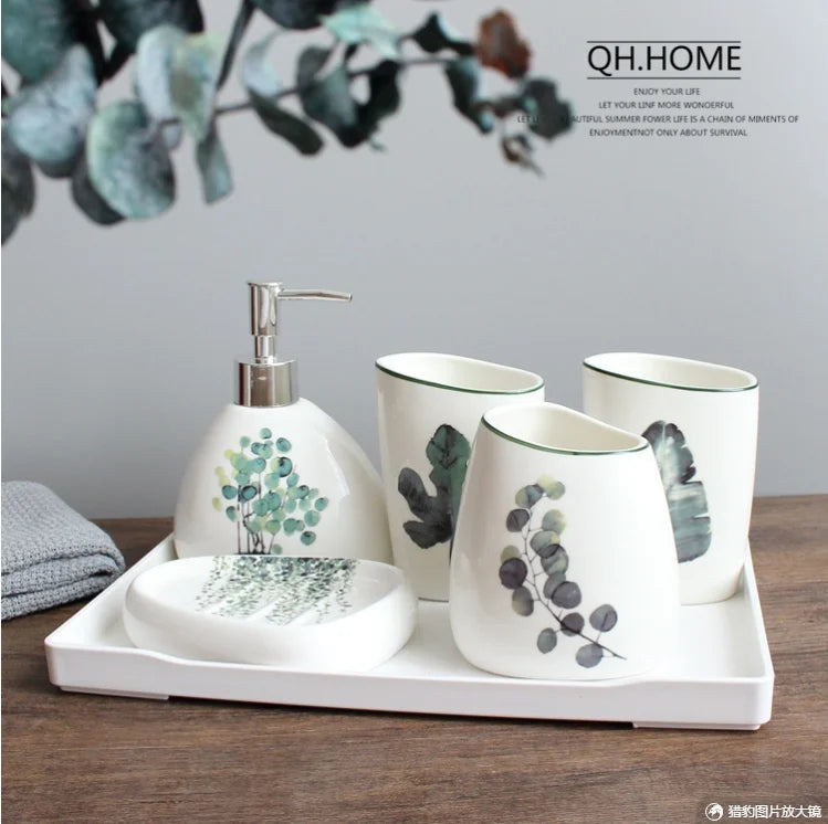 Green Nordic Ceramic Bathroom Set - Soap Dispenser, Toothbrush Holder, Tumbler & Soap Dish for Stylish Bathroom Organization