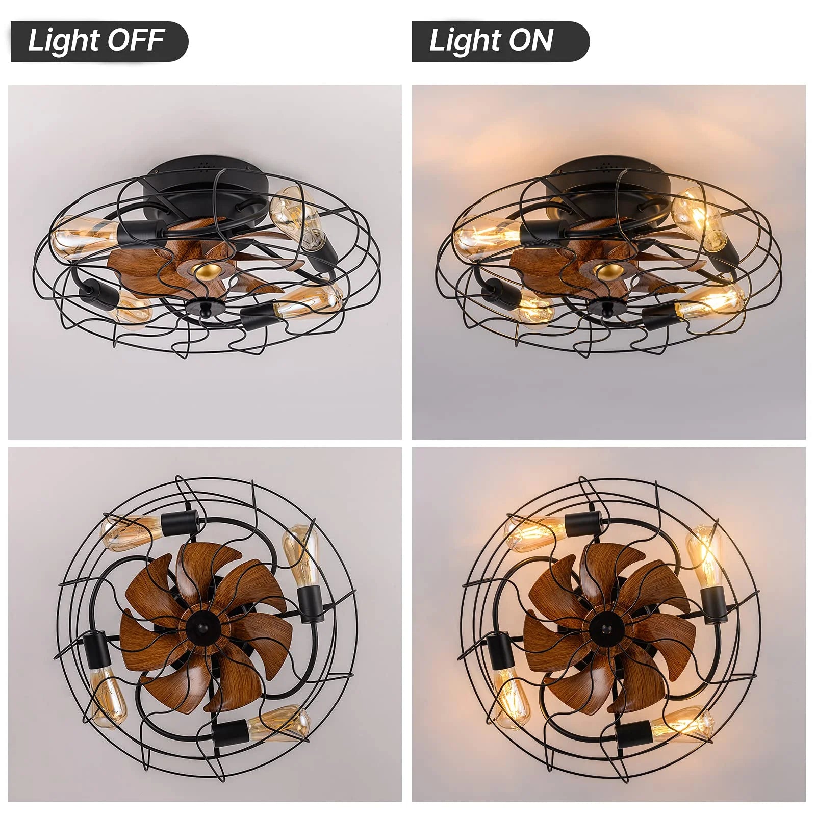 21" Low Profile Caged Ceiling Fan with Lights Remote Control,  Bulb not Included, Farmhouse Small Industrial Black Ceiling Light