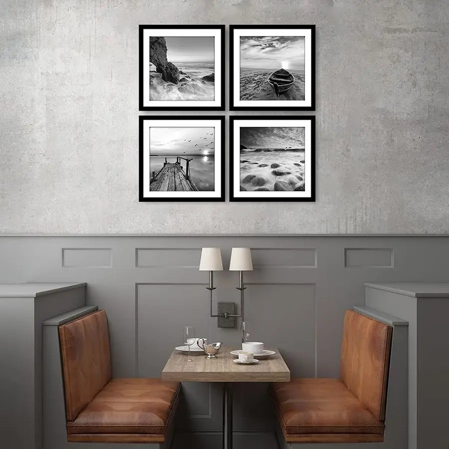 Panels Set Framed Canvas Print for Seascape Beach and Boat Sunrise Scenery Black and White Giclee Canvas Print Wall Art Ready to