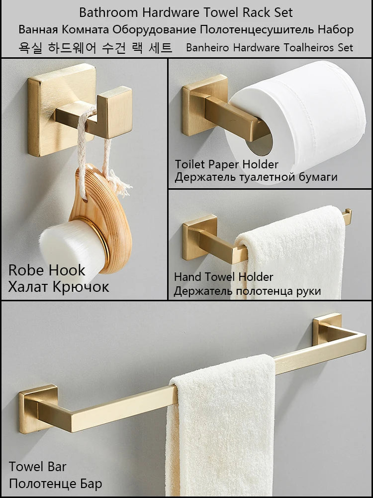 Brushed Gold Hardware Set Bathroom Shelf Towel Bar Rack Robe Hook Toilet Paper Roll Holder Black Bathroom Accessories Kit 4 Pcs