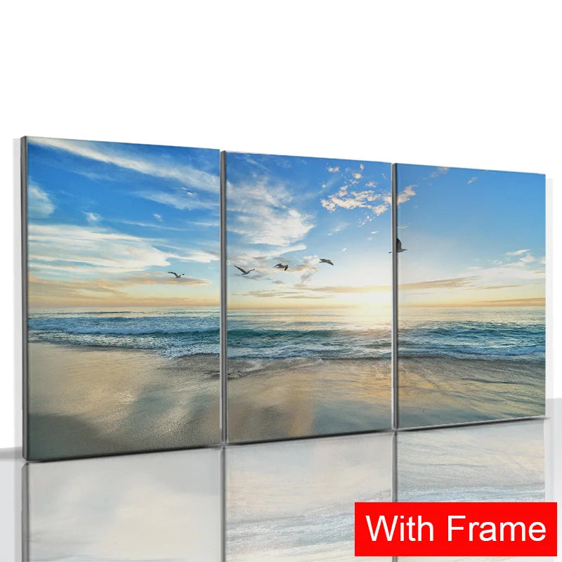 3pcs Framed Seaside Scenery Wall Art Canvas Painting Nordic Beach Sunset Print Poster Modern Living Room Home Decor Mural