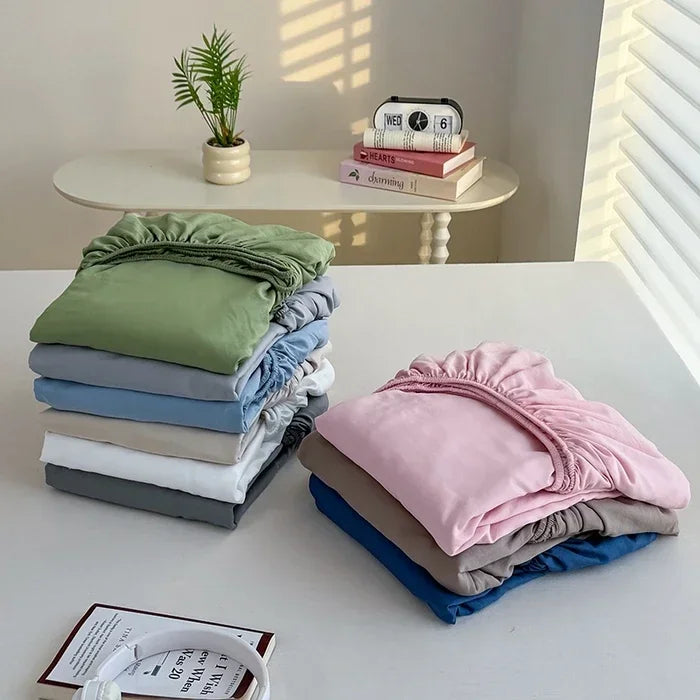 Solid  Colour Washed Fitted Sheet with Elastic Bands Non Slip Adjustable Mattress Cover for Single Double King Queen Bed