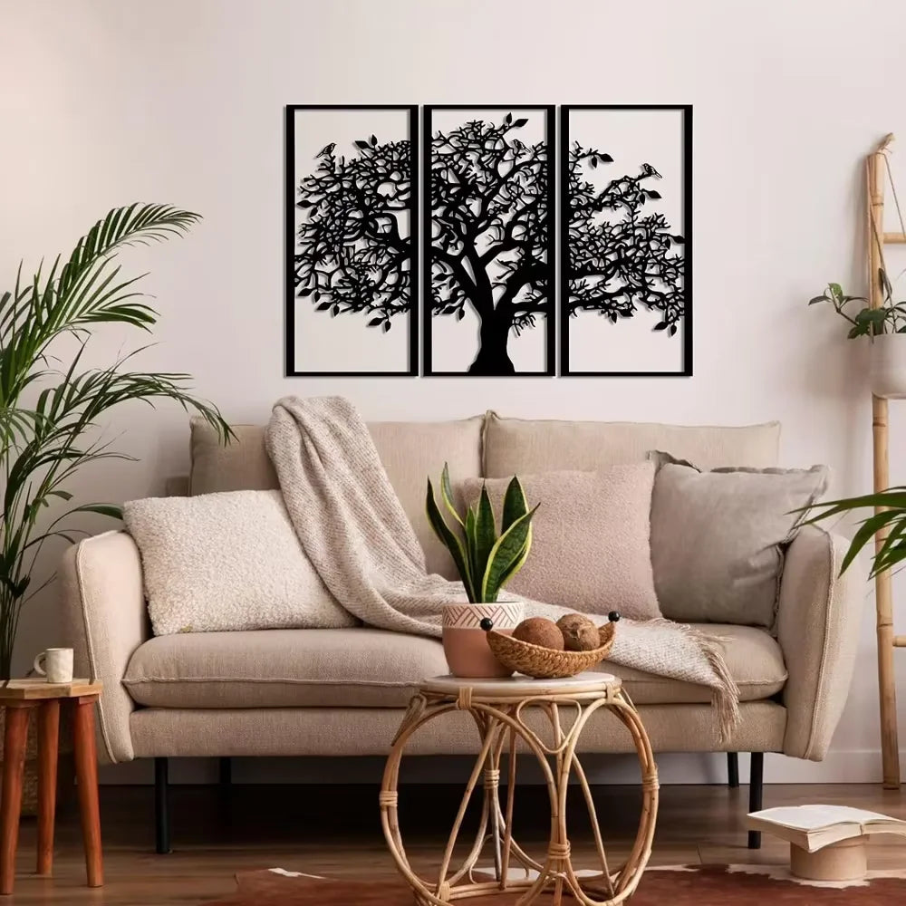 3Pcs Family Tree Metal Wall Decor – Tree of Life Iron Art. Modern 3D Wall Art for Home, Bedroom, and Living Room Decoration.