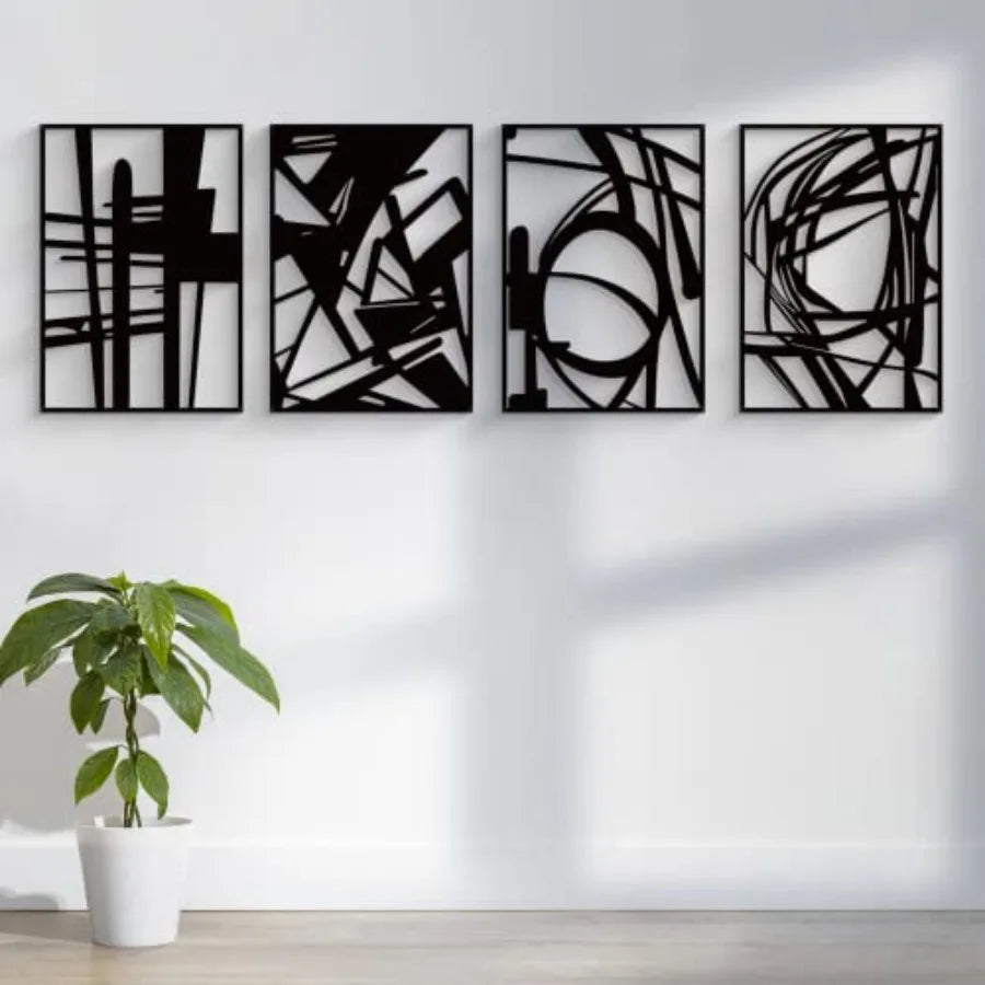 Gtivity 4 Pack Black Abstract Metal Wall Art malist Décor Single Line Art Wall Décor 3D Textured Metal Wall Sculptures for Livi