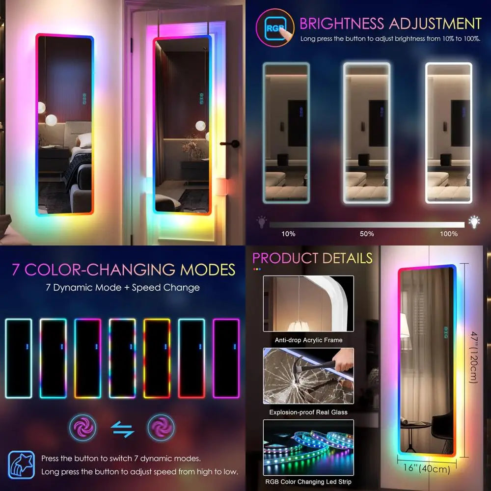LED RGB Lighted Full Length Wall Mirror, Over Door Hanging Mirror, Full Body Mirror with Lights, 14 Length, Ideal for Home and S