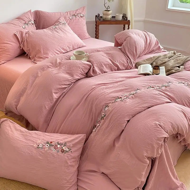 New Chinese embroidery washed cotton soft quilt cover bed sheet four-piece set